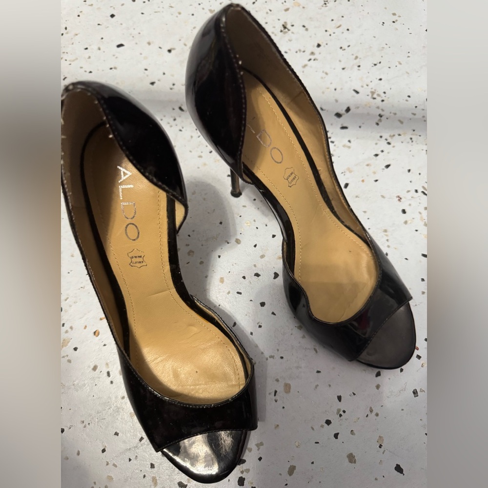 Aldo Glossy Black Open Toe Heels